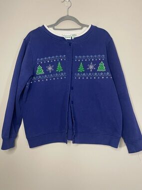 Shenanigans Women's Blue Holiday Cardigan with Green Tree Embroidery